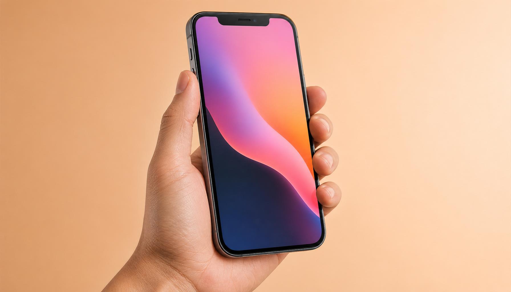 iPhone i hånden med farverig baggrund