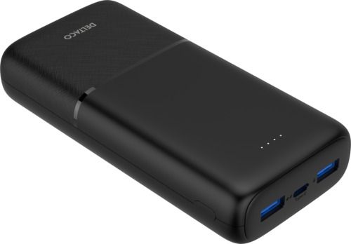 Deltaco Powerbank med hurtig opladning og 3 porte, 2x USB-A 18W, 1x USB-C 20W PD, 20.000 mAh, sort